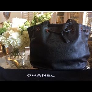 Auth CHANEL Black Tote Purse Bag Drawstring Rare!!